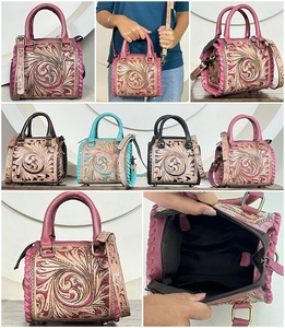Cute Pink Hand Tooled Floral Pattern <b>Small</b> <b>Leather</b> Duffel <b>Bags</b> Western Style Gym Sports Daily Use Weekender Shoulder Handbags - Product Image 3