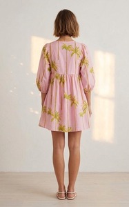 Robe d'été pour femme, style bohème, en coton rose écologique, imprimé palmiers, manches 3/4, ourlet évasé, style babydoll - Product Image 4