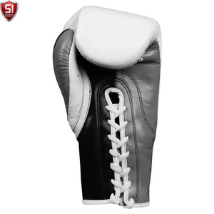 Gants de boxe SUMROOS SI en cuir de vachette blanc et noir, à lacets, durables, confortables, avec sangle de poignet réglable - Product Image 2
