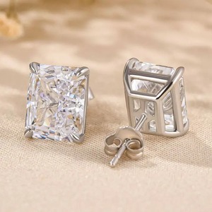 925 Moissanite Classic Radiant Cut 4.0 Carat 4 Prong <b>Set</b> Trendy Women's <b>Stud</b> <b>Earrings</b> Sterling <b>Silver</b> White Yellow Gold Plated - Product Image 2