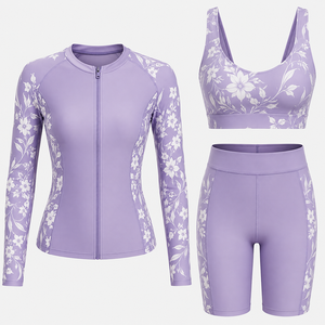Ensemble de protection contre les éruptions cutanées à manches longues pour femmes, imprimé floral, Spandex, Polyester, séchage rapide, kit d'entraînement à compression, violet - Product Image 1