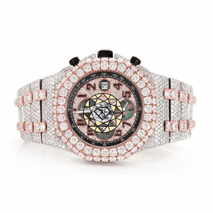 Reloj de Cuarzo Cronógrafo de Lujo con Cristales, Esfera Plateada en Tono Rosa, Estilo Diamante, Diseño Hip Hop, Correa de Acero Inoxidable para Hombre - Product Image 1