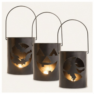 Ensemble de 3 lanternes en métal artisanales pour Halloween, style vintage, en fer noir, avec découpes de fantômes, de chats noirs et d'arbres effrayants - Product Image 1