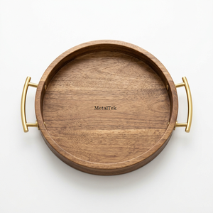 Bandeja Redonda de Madera de Mango de Lujo con Asas Doradas para Hoteles, Restaurantes y Decoración de Bodas, Plato de Postre Premium, Vajilla - Product Image 1