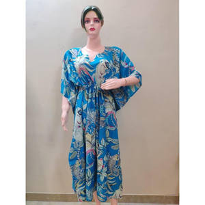 Kaftan indien fait main en coton Mukart pour femme, robe longue maxi à col en V, cache-maillot de plage à col montant, imprimé à la main, vêtement de nuit - Product Image 4