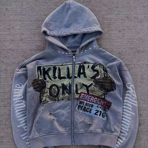 Sweat à capuche zippé vintage personnalisé pour homme, effet vieilli, imprimé graphique délavé à l'acide, streetwear, coton épais, écologique, hiver, OEM - Product Image 1