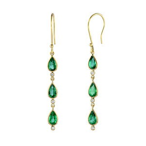 Nouvelles boucles d'oreilles en or jaune massif 18 carats avec émeraudes et diamants véritables, forme goutte d'eau, longues, pour mariages - Product Image 1