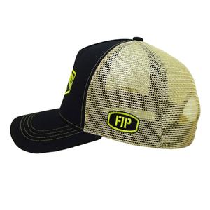 Casquette de camionneur 6 panneaux avec patchs logo brodés côté avant gauche, bandes contrastantes noir/jaune, fermeture snapback, toile OEM unisexe - Product Image 3