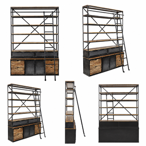 Industrial Metal Wood Bookcase with Ladder 6 <b>Shelves</b> Storage Cabinet Home <b>Office</b> Furniture Modern Design Freestanding - Product Image 6