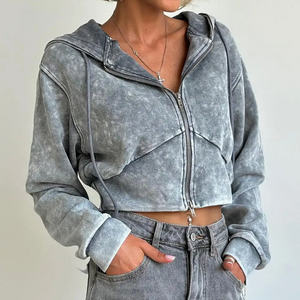 Sweats à capuche d'hiver en molleton de coton délavé à l'acide avec fermeture à glissière pour femmes Panneaux au design personnalisé - Product Image 2