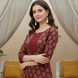 Conjunto de Kurta y Pantalón Recto de Algodón Estampado Color Granate, Cuello Redondo, Largo hasta la Pantorrilla, Traje Étnico para Uso Diario para Mujer, Tallas M, L, XL, XXL - Product Image 1
