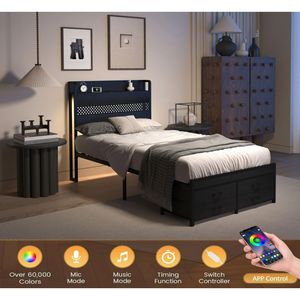 Black Metal <b>Twin</b> <b>Bed</b> <b>Frame</b> with Headboard and Storage Drawers Single <b>Bed</b> Platform <b>Frame</b> - Product Image 2