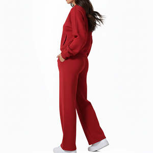 Ensemble de survêtement écologique pour femme, comprenant un sweat à capuche court et un pantalon de survêtement, à motif écossais, avec fermeture éclair rouge, coupe personnalisée, délavé à l'acide et effet usé - Product Image 3