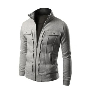 Men's Slim Fit Casual <b>Open</b> <b>Cardigan</b> New Short Zipper Stand Collar Jacket Fleece Lining Decorative Buttons Hoodie Solid - Product Image 1