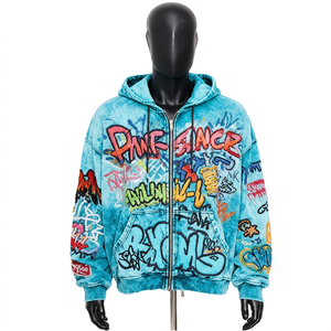 Sweat-shirt à capuche brodé graffiti pour homme, coupe oversize, en coton épais, délavé à l'acide, style streetwear, fermeture éclair intégrale - Product Image 5