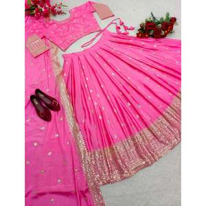 MODA SATIN SECUENCIA DE SECUENCIA EMRBOIDERY TRABAJO LEHENGA CHOLI CON DUPATTA PINK - Product Image 4