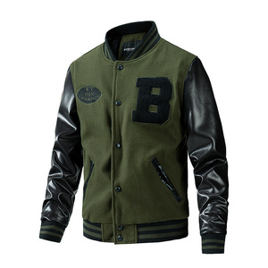 Chaqueta Varsity para Hombre, Verde Oliva, Mangas de Cuero PU Negro, Parche con Letra B, Cierre de Botones Frontales, Estilo Preppy, Largo Regular, Cuello Camisero - Product Image 3