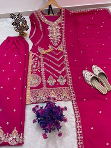 <b>Women</b> Navy Blue Embroidered Ethnic <b>Kurti</b> Indian Pakistani V Neck Three Quarter Sleeve Top - Product Image 3