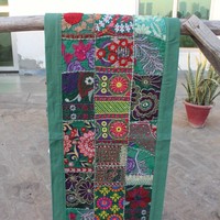 Green Bohemian Tapestry Table Runner: Embroidered Patchwork Wall Hanging