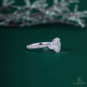 Oval Cut Lab Grown Diamond Three Stone Engagement <b>Ring</b> 14K 18K White Gold Half <b>Moon</b> Side Stone Multi Row Pave Band Bridal <b>Ring</b> - Product Image 3