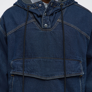 <b>Mens</b> Dark Blue <b>Denim</b> Hooded <b>Jacket</b> Oversized Pullover Sweatshirt Long Sleeve Casual Streetwear Anorak <b>with</b> Drawstring <b>Hood</b> - Product Image 3
