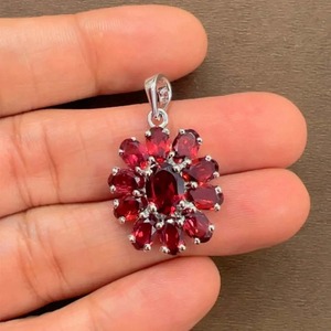 Rhaya Jewels <b>Top</b> Selling Rhodium Plated Garnet Pendant 925 Sterling <b>Silver</b> Minimalist Oval Cluster Flower Design Prong Set - Product Image 1