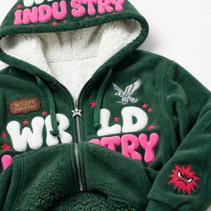 New Custom Green <b>Sherpa</b> Lined Bubble Letter Embroidered Full Zip Oversized Polar Fleece <b>Hoodie</b> - Product Image 6