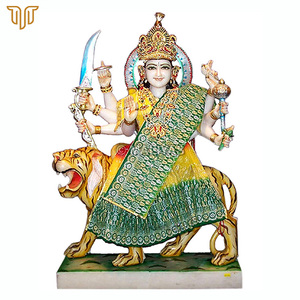Green Saree Marble Durga Maa Statue on Tiger | Handcrafted Durga Mata Murti with Ornate Crown by MALIYAS Jaipur - Product Image 2