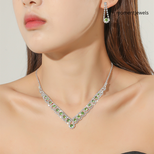 Green Zircon Titanium Steel Jewelry <b>Set</b> Necklace and Earring Trendy Wedding Party <b>Gift</b> for <b>Women</b> - Product Image 2