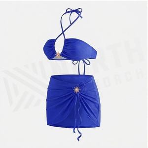 Blue Butterfly Print 2 Piece Yoga <b>Set</b> With Gold Trim Deep V Neck Halter Bodysuit And Knee Length Wrap <b>Skirt</b> - Product Image 6