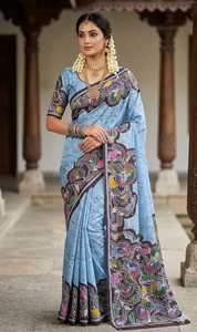 Sari en coton bleu avec imprimé floral dessiné à la main, tenue traditionnelle indienne et pakistanaise pour mariage et fête, longueur au sol, coupe classique pour femme - Product Image 1