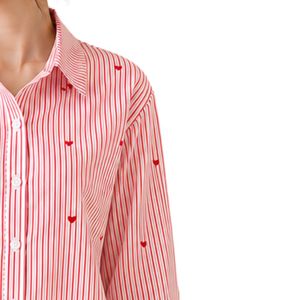 <b>Red</b> White Striped Women Button Down Shirt Long Sleeve Cotton <b>Blouse</b> Heart Embroidery Loose Fit Casual Fashion Oversized Top - Product Image 4