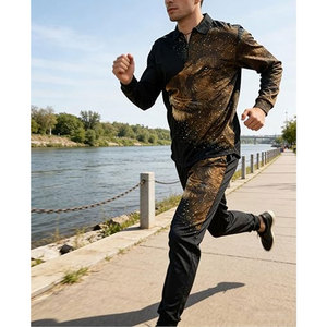 Ensemble de survêtement pour homme à imprimé lion, sweat-shirt à manches longues et demi-zip et pantalon de jogging, tenue décontractée d'automne, motif animalier, coupe classique - Product Image 3