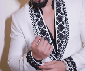 <b>Men</b>’s <b>White</b> Embroidered Blazer with Black Shawl Lapel | Designer Wedding Party Tuxedo <b>Jacket</b> - Product Image 4