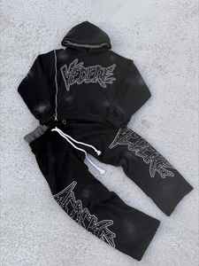 Chándal personalizado de doble cintura, Sudadera con capucha y pantalones de chándal acampanados apilados, conjunto de chándal holgado de gran tamaño para hombre - Product Image 4