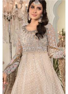 Elegante traje Anarkali de gasa beige bordado, manga larga, cuello barco, largo hasta el suelo, corte en A, vestido para la madre de la novia - Product Image 3