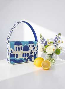 Sac à main rectangulaire bleu et blanc fait main ALI FASHION ART, lavable, avec broderie de feuilles, artisanat textile en coton pour un usage quotidien - Product Image 6