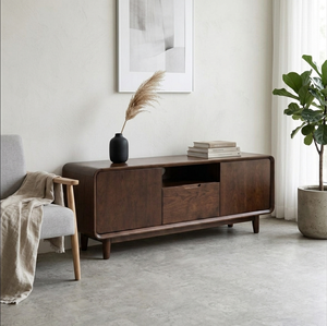 Meuble TV en chêne avec portes, tiroirs et étagères ouvertes - Design moderne du milieu du siècle, à poser au sol pour salon, compatible avec les téléviseurs de 65 pouces et plus - Product Image 4