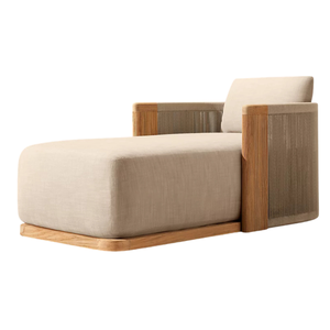 Chaise longue de luxe en teck tressé, style tropical moderne, pour extérieur, mobilier de patio minimaliste pour resort, avec coussin rembourré - Product Image 1