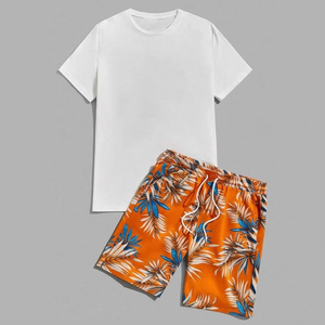 Conjunto de Camiseta Casual de Verano para Hombre con Pantalones Cortos con Estampado Tropical Naranja, Cuello Redondo, 100% Algodón, Tejido Transpirable - Product Image 3