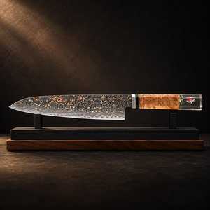 Cuchillo de chef de acero de Damasco de 8 pulgadas con punta caída y borde biselado, mango de madera con incrustaciones de resina, cuchillo de cocina - Product Image 2