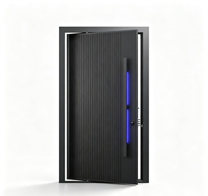 Modern Minimalist Steel Entry Door with Vertical Groove Design and Blue LED Handle <b>Swing</b> Style Anti-Theft Security Exterior Use - Product Image 1
