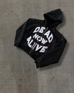 Sweat à capuche zippé oversize pour homme, noir, tricoté, imprimé lettres pailletées, style streetwear, collection automne - Product Image 1