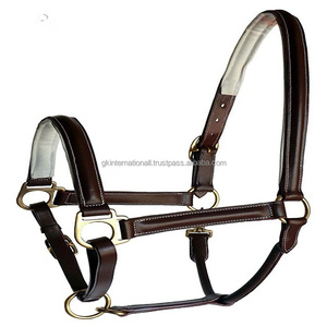 Cabestro de caballo de cuero resistente y grueso doble acolchado y costuras blancas de alto acabado de lujo con hardware variante de níquel o latón - Product Image 2