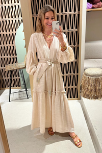 เดรสโบฮีเมียนลำลองหรูหราสำหรับฤดูร้อนปี 2026 ชุดเดรสยาวทรงบูติกสำหรับผู้หญิง สีเบจ ผ้าฝ้ายถักลายดอกไม้ พิมพ์ลายดอกไม้ แขน 3/4 ทรงหลวม - Product Image 3