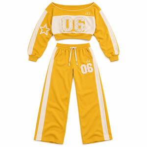 Hot Selling Distressed Fabric Applique Women's Off Shoulder Crop Hoodies <b>Wide</b> <b>Leg</b> <b>Joggers</b> Heavy GSM Fleece Varsity Tracksuit Y2K - Product Image 4