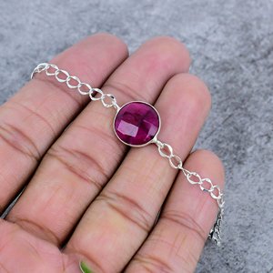 Trendy <b>Ruby</b> Dyed Round Gemstone Sterling Silver Plated Bezel Setting Handmade Women's Bangles <b>Bracelet</b> Party Gift Everyday Wear - Product Image 1