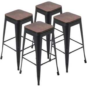 Ensemble de 4 tabourets de bar industriels en métal avec assise en bois, empilables, hauteur comptoir, style Tolix, pour îlot de cuisine, structure noire - Product Image 1