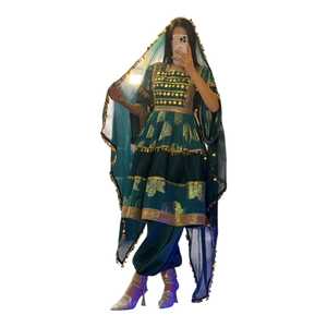 Emerald Green Embroidered Maxi <b>Dress</b> With Full Long Sleeves And Afghani Bohemian Style Party Wear Chiffon Casual <b>Dresses</b> - Product Image 1