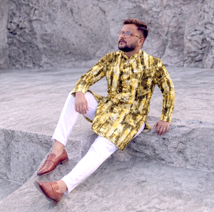 Gold Foil Print <b>Mens</b> <b>Kurta</b> Pajama Cotton Achkan Sherwani Traditional Party Outfit In-Stock - Product Image 1
